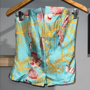 100% silk J.McLaughlin Turquoise Sea Shell Print Corset Top